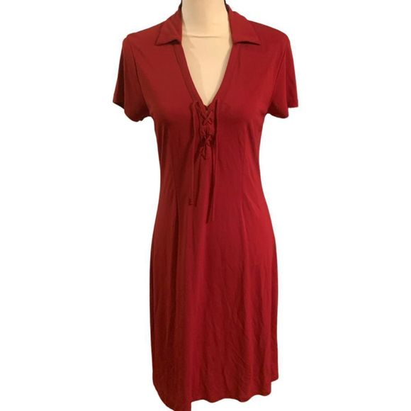 Vintage Dresses & Skirts - Vtg 90s Nine West Red Lace Up Front Polo Style Shirt Dress Sz S/M
